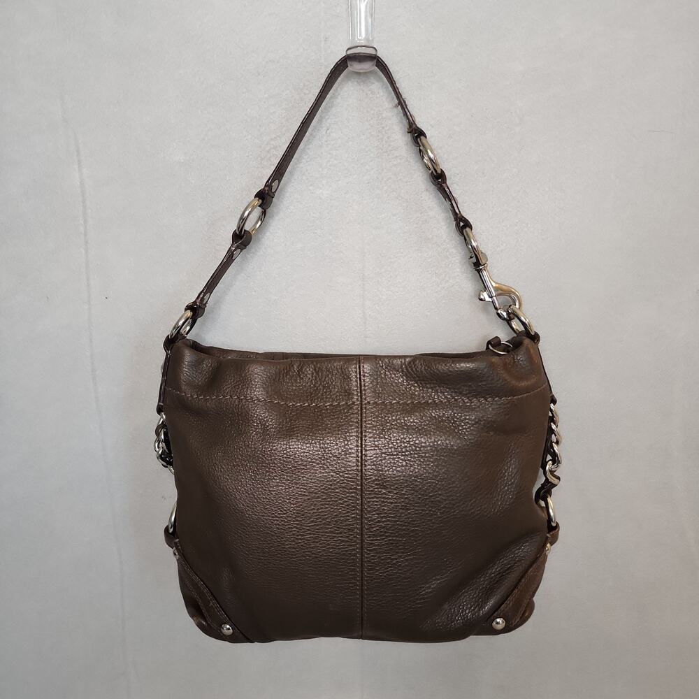 COACH CARLY F1073-F15251 Dark Brown Pebbled Leather Chunky Chain Purse Bag Hobo